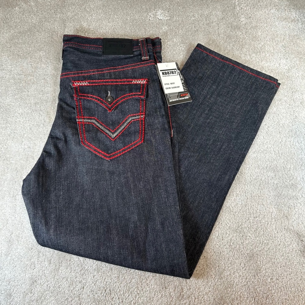 Vintage Y2K KB8782 Jeans Mens 38‎ Blue Red Grey Contrast Stitch Straight Leg NWT